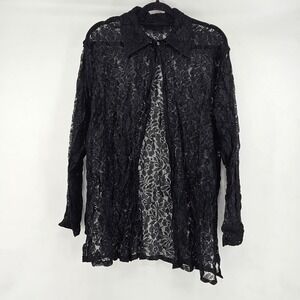 Whimsigoth Black Lace Sheer Button Up Shirt Top Long Sleeve Size L Fairy Grunge